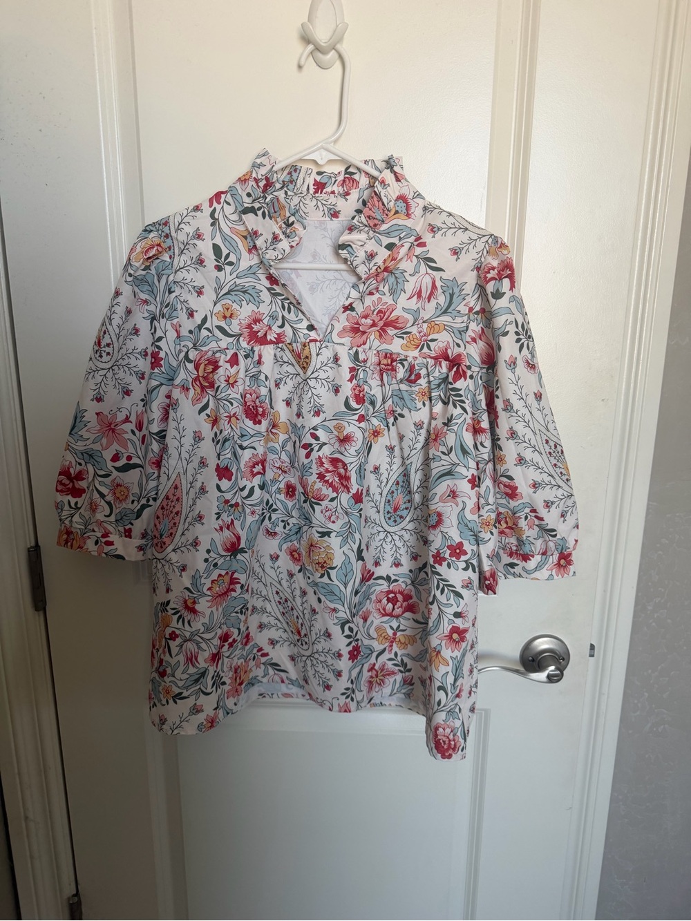 Amazon Cream Floral Peasant Blouse with Coral & aqua Accents